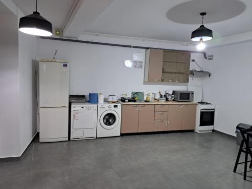 布加勒斯特Vila Ris Bucharest Unirii ,Centru的厨房配有冰箱、洗衣机和烘干机