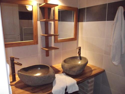 Crouy-sur-CossonLa Haute Bédinière的木制柜台上带大碗水槽的浴室