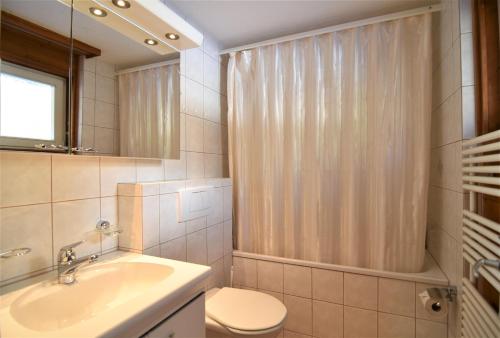 萨沃宁Haus Viols 46的一间带水槽、卫生间和淋浴的浴室