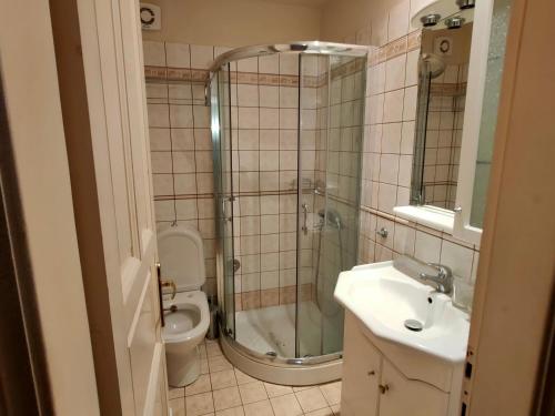 阿吉奥斯伊欧尼斯Galini Hotel Agios Ioannis Pelion的带淋浴、盥洗盆和卫生间的浴室
