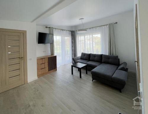 比尔扎伊Apartamentai Biržuose, Cozy Modern Bungalows的客厅配有黑色沙发和电视