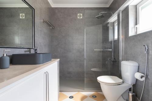 卡斯卡伊斯Cascais Duplex Apartment的带淋浴、卫生间和盥洗盆的浴室
