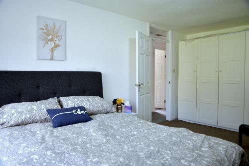 莱斯特Lindrick Villa- 3BD Bunglow , Free parking- Long stays的一间卧室配有一张带蓝色枕头的床