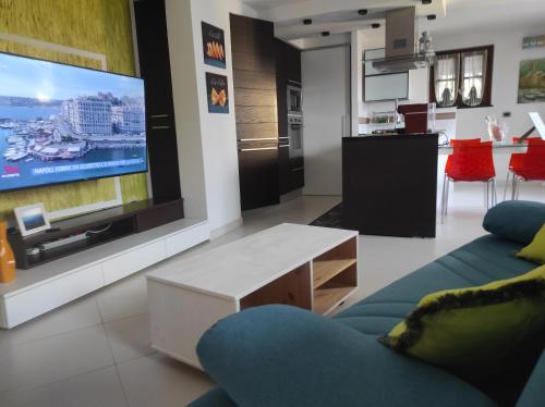 瓦拉泽CA' VERDEMARE的客厅配有蓝色的沙发和大电视。