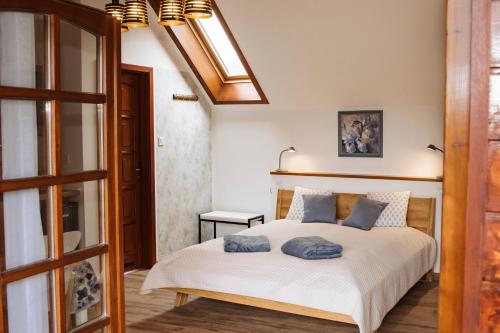 大毛罗什Dunna Vendégház的一间卧室配有一张带蓝色枕头的床。