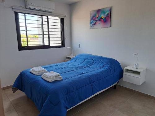 LuzuriagaMODERNO DUPLEX Con COCHERA的一间卧室配有一张带蓝色床单的床和一扇窗户。