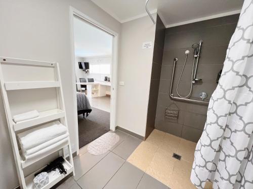旺阿雷大陆汽车旅馆的一间带步入式淋浴间和镜子的浴室