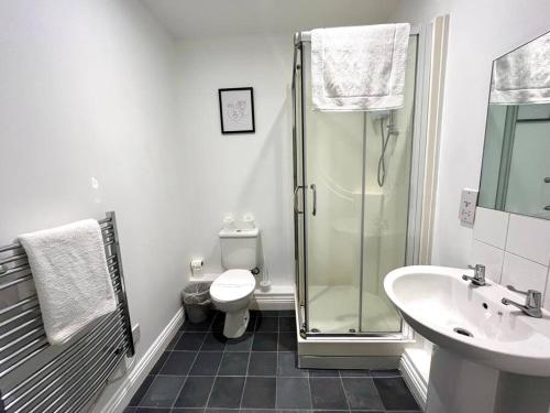 伯恩茅斯Lorne Park Road, Bournemouth的带淋浴、卫生间和盥洗盆的浴室