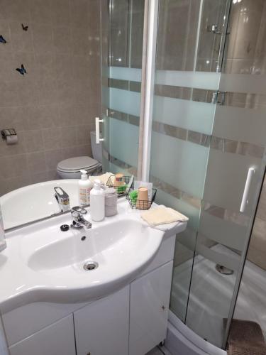 伦德科斯伦德科斯布里斯诺汽车旅馆的浴室配有白色水槽和淋浴。