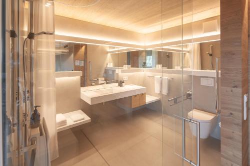 HofstettenHotel Munde的一间带水槽、卫生间和淋浴的浴室
