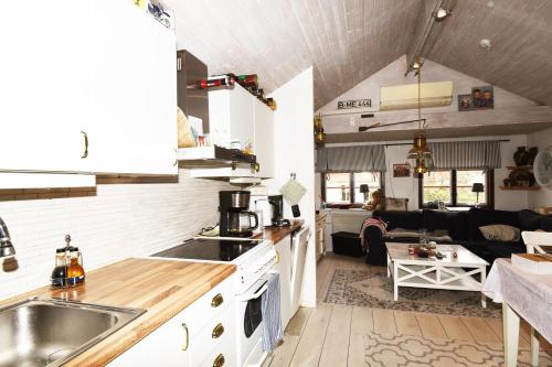 SäröNice independent holiday apartment on Saro的开放式厨房和带沙发的客厅