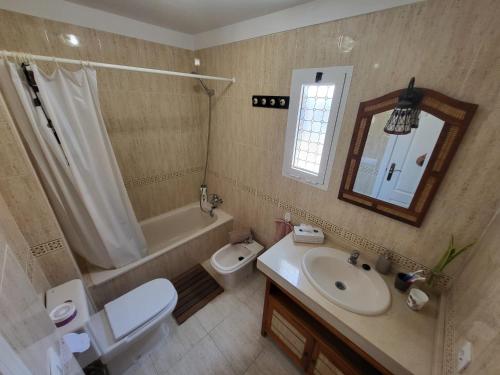 卡亚俄萨尔瓦赫Apartment next to Ajabo Beach Pool & Ocean view的一间带水槽、卫生间和镜子的浴室