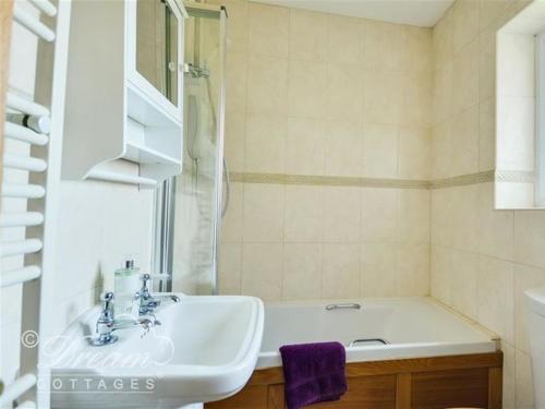 多切斯特Frome Lodge House的白色的浴室设有水槽和淋浴。
