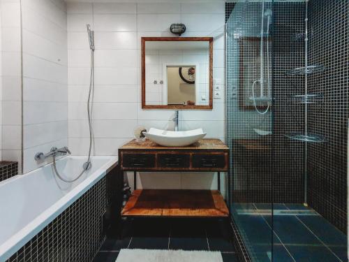 科希策Priestranný apartmán v centre的一间带水槽和淋浴的浴室