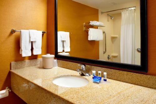 帕西帕尼帕斯帕尼费尔菲尔德套房酒店的浴室配有盥洗盆、镜子和毛巾