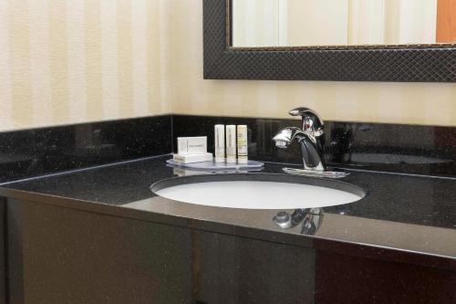 法戈法戈费尔菲尔德套房客栈的浴室的柜台设有水槽和镜子