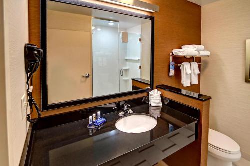 育空俄克拉荷马市育空费尔菲尔德套房酒店的一间带水槽、镜子和卫生间的浴室