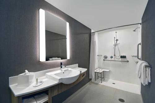 Arden HillsSpringHill Suites by Marriott St. Paul Arden Hills的浴室配有水槽、淋浴和浴缸。
