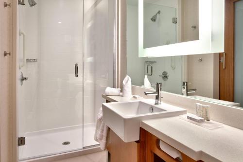 休斯顿休斯顿I-45北春季山丘套房万豪酒店的白色的浴室设有水槽和淋浴。