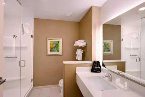 坦培Fairfield Inn & Suites by Marriott Phoenix Tempe/Airport的一间带水槽、淋浴和卫生间的浴室