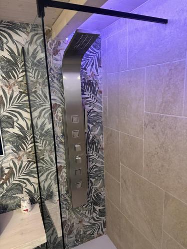 巴里L'Antica Dimora in Centro的紫色墙浴室内的步入式淋浴间