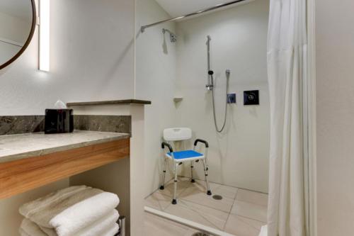 道尔顿Fairfield by Marriott Inn & Suites Dalton的带淋浴和蓝色椅子的白色浴室