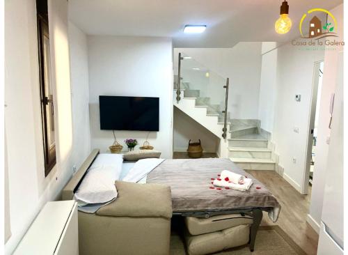 托莱多Casa de la GALERA的一间卧室设有床铺、电视和楼梯。