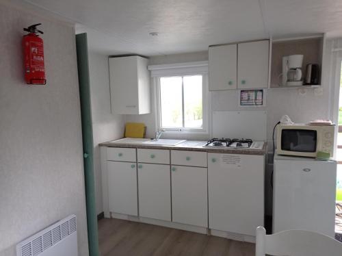 Limogne-en-QuercyCAMPING LE BEL AIR mobil home LE PALMIER 4 personnes的小厨房配有白色橱柜和微波炉
