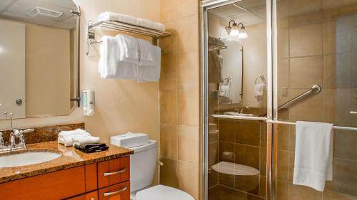 棕榈滩Bluegreen at La Cabana Beach Resort & Casino的带淋浴、卫生间和盥洗盆的浴室