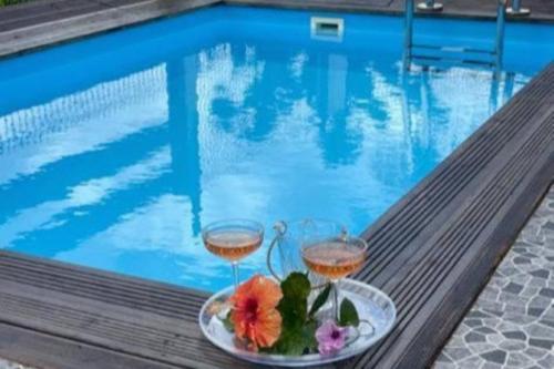 Gros-MornePalmier bungalow- piscine的游泳池畔的两杯葡萄酒