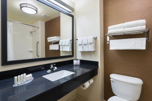 奥德萨敖德萨维尔费尔菲尔德万豪套房酒店的一间带水槽、镜子和卫生间的浴室