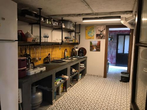 伊兹密尔Titan House Hostel的厨房配有水槽和台面