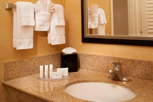 内珀维尔芝加哥内珀维尔万怡酒店的浴室水槽配有毛巾和镜子