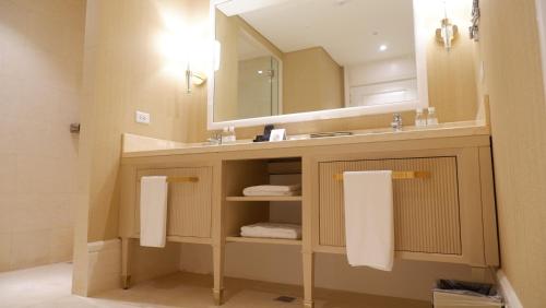 克拉克罗伊斯赌场酒店的浴室配有盥洗盆、镜子和毛巾