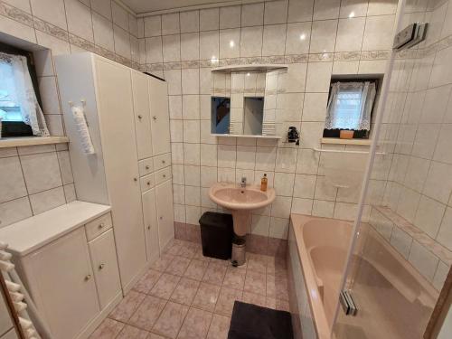 RossatzbachFerienhaus in der Wachau的浴室配有水槽、淋浴和浴缸。