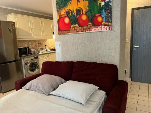 安纳马斯Le Clos du Chateau Rouge 3* avec Parking securisé的厨房里一张红色的沙发,墙上挂着一幅画