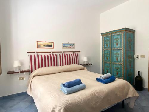 马里迪莫Rosa Dei Venti Marettimo的一间卧室配有一张带两个蓝色枕头的床