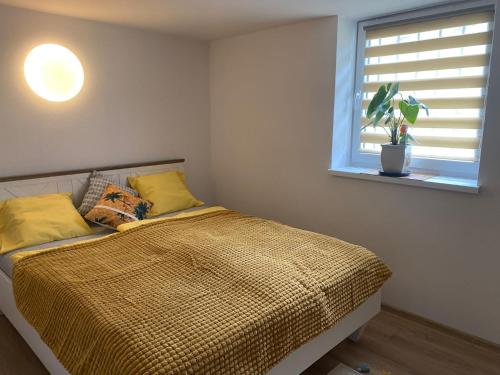 科瓦雷Petit Appartament的一间卧室配有一张带黄色枕头的床和一扇窗户