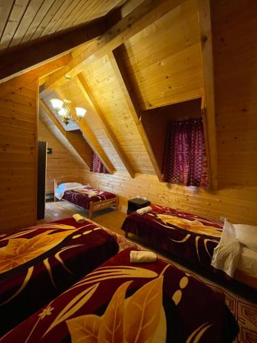 泰斯Thethi Paradise Hotel & Restaurant的小木屋内带两张床的房间
