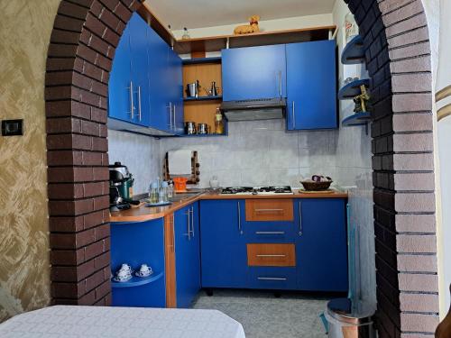 博尔沙Casa din livada的厨房配有蓝色橱柜和砖墙