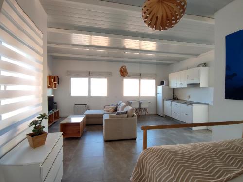 大加那利岛拉斯帕尔马斯Ático en Las Canteras的一间卧室设有一张床和一间客厅。
