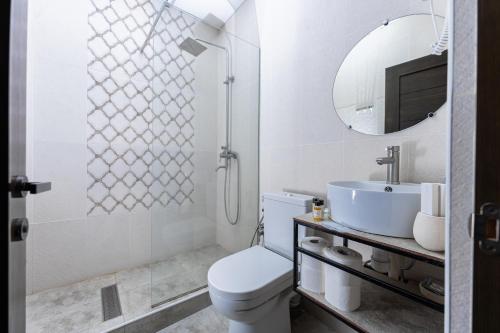 埃里温Bloom Hotel Yerevan的一间带卫生间、水槽和镜子的浴室