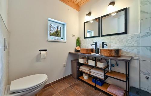 瓦拉日丁托普利采Amazing Home In Varazdinske Toplice With Kitchenette的一间带卫生间和两个盥洗盆的浴室