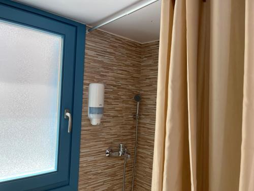 锡米Aleminas Rooms的带淋浴的浴室和蓝色门