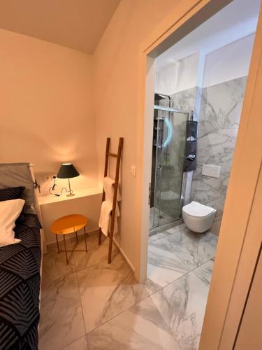 雅典Casa de Tres Hermanos in the heart of Athens的带淋浴和卫生间的浴室。