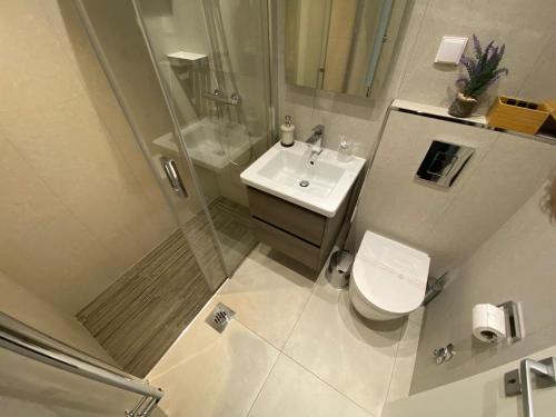 杜布罗夫尼克Dubrovnik Dream Apartments的带淋浴、卫生间和盥洗盆的浴室