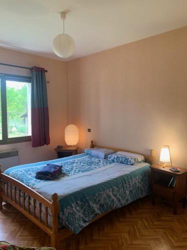 桑吉内Mimi et J Claude的一间卧室配有一张床、两盏灯和一个窗户。