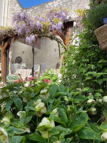 博让西Hotel de la Sologne的一座花园,在一座建筑里种着紫色的花