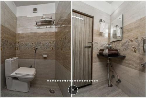 阿格拉HOT - House Of Travellers Taj view的浴室设有卫生间和淋浴,两幅图片