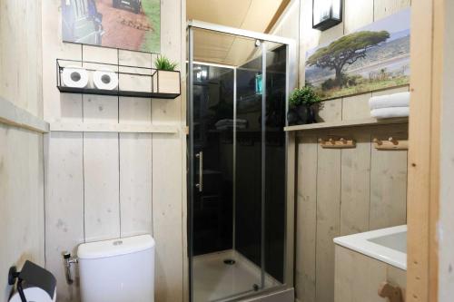 赫劳Glamping Safarilodge 'Grutte Fiif' met airco, extra keuken op veranda en privé achtertuin的带淋浴、卫生间和盥洗盆的浴室